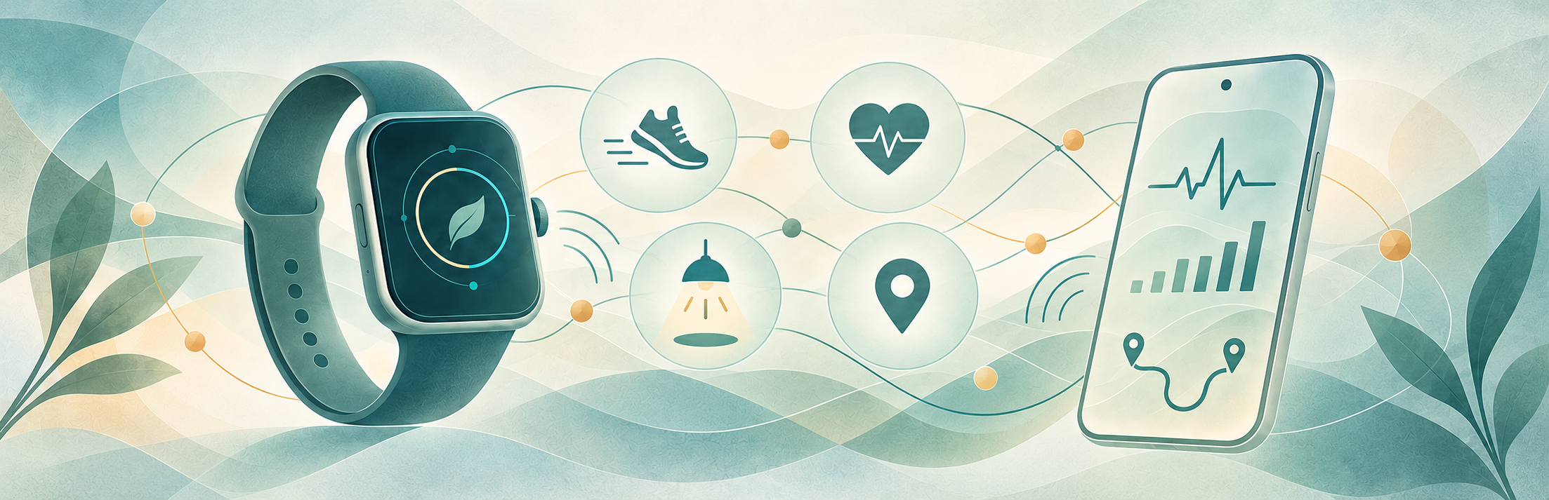 Illustration of a smartwatch and phone connected to activity, heart rate, ambient light, and location symbols.